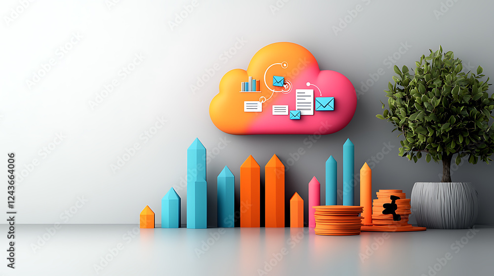 Poster digital cloud computing concepts modern office infographic visualization minimalist design eye-level