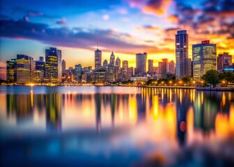 Obraz premium Vibrant City Skyline Dusk Reflection Tilt-Shift Photography