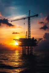 Obraz premium Offshore Oil Rig Silhouette at Sunset Over Water