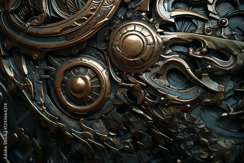 Poster complex metallic surface featuring ornate details and textures, creating an abstract and visually ca