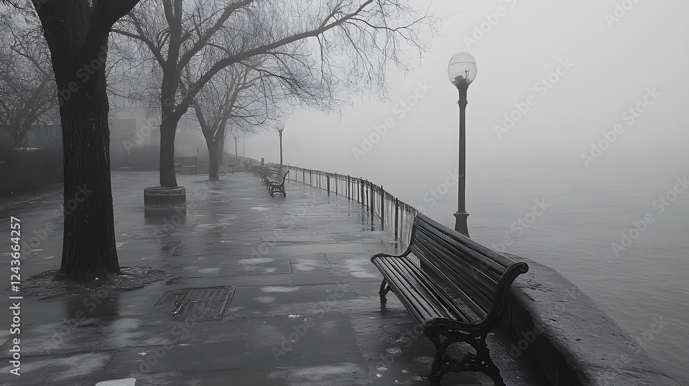Poster a foggy riverside scene featuring a bench, trees, and a lamppost, creating a serene and tranquil atm