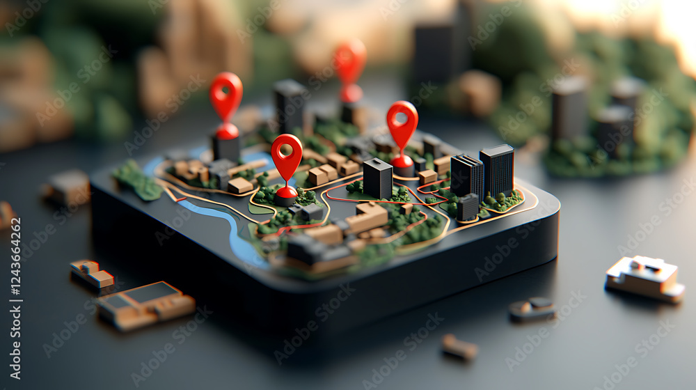 Poster interactive map with location pins highlighting urban development projects cityscape 3d model digita