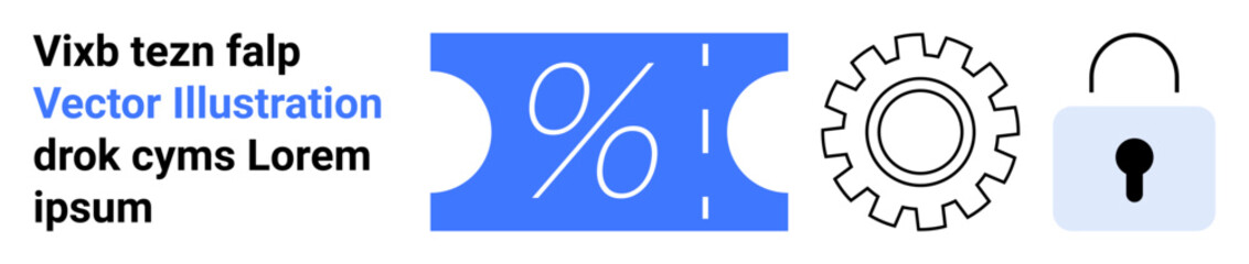 Percentage discount ticket, gear icon, and padlock symbolizing finance, technology, and data security. Ideal for promotions, tech projects, safety concepts and financial solutions. Abstract line