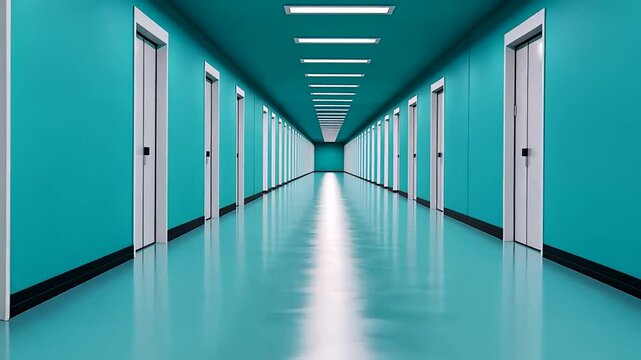 A long, empty turquoise corridor with symmetrical doors evokes a modern, futuristic setting Concepts: architecture, innovation
