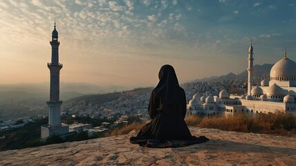 Silhouette of a devout man pray to the Allah on hill
