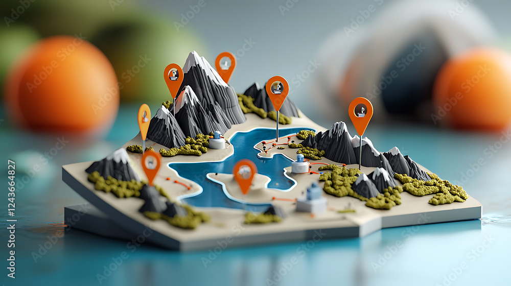 Poster exploring scenic landscapes with location markers 3d model environment creative visualization modern