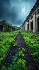 Fototapeta premium Overgrown railway tracks lead through dilapidated ruins under dramatic skies at twilight