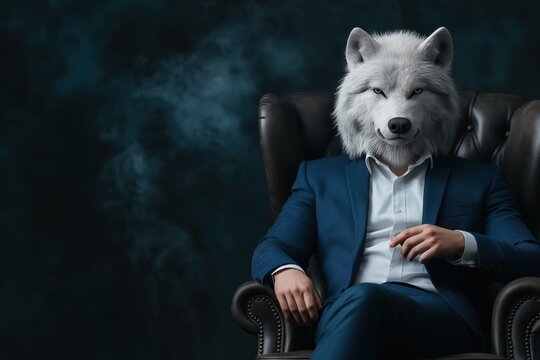 Businessman with a wolf head in navy suit posing in studio with dark background
