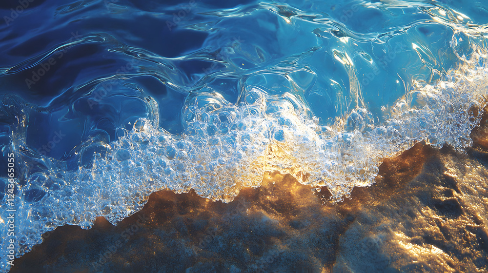 Poster waves gently crash against a rocky shore, creating a sparkling contrast between the deep blue water 