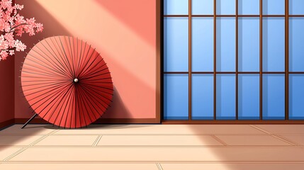 Minimalist Japanese Room Interior With Red Paper Umbrella And Sunlight