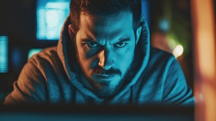 Intense Focus of a Programmer Working in Dimly Lit Environment