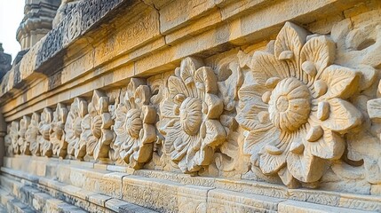 Ancient stone carvings of lotus flowers on temple wall