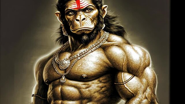 Muscular depiction of Hanuman with detailed features and accessories in dramatic lighting