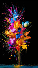 On a black background, an abstract bouquet of spring flowers made of bright splashes of colors