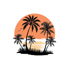 sunset palm tree silhouette vector line art logo design