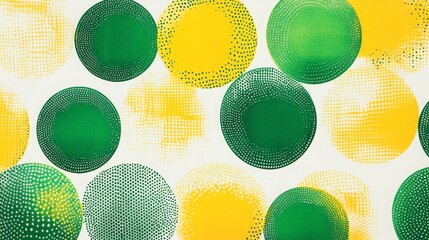 Green and yellow circular halftone patterns repeat over a white background. 