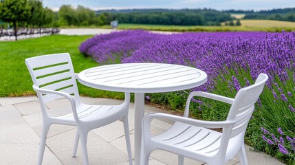 White Plastic Patio Set Overlooking Lavender Field