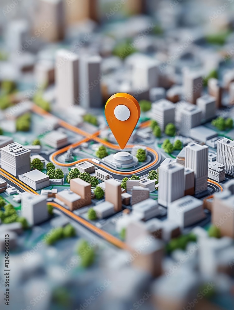 Poster an intricately designed 3d city map features an eyecatching orange location pin that distinctly high