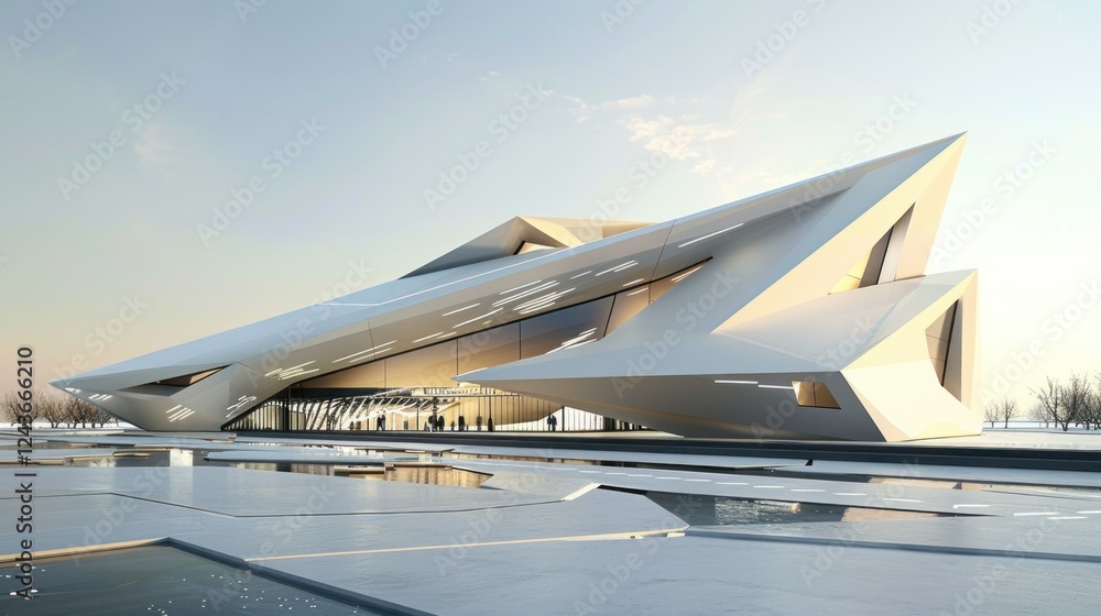 Poster a futuristic abstract architectural design with sharp angles and sleek surfaces. stock photo --ar 16