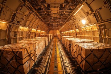 Obraz premium Interior View of Cargo Airplane with Stacked Boxes Ready for Transportation in Illuminated Aircraft Hold