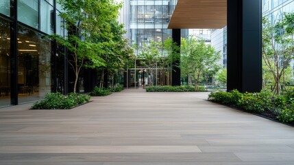 Modern city office courtyard, green trees, pathway, glass building