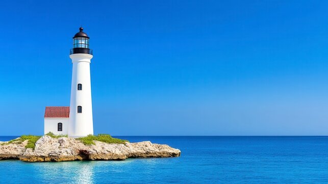 White Lighthouse on Rocky Island in Blue Ocean Under Bright Sunlight