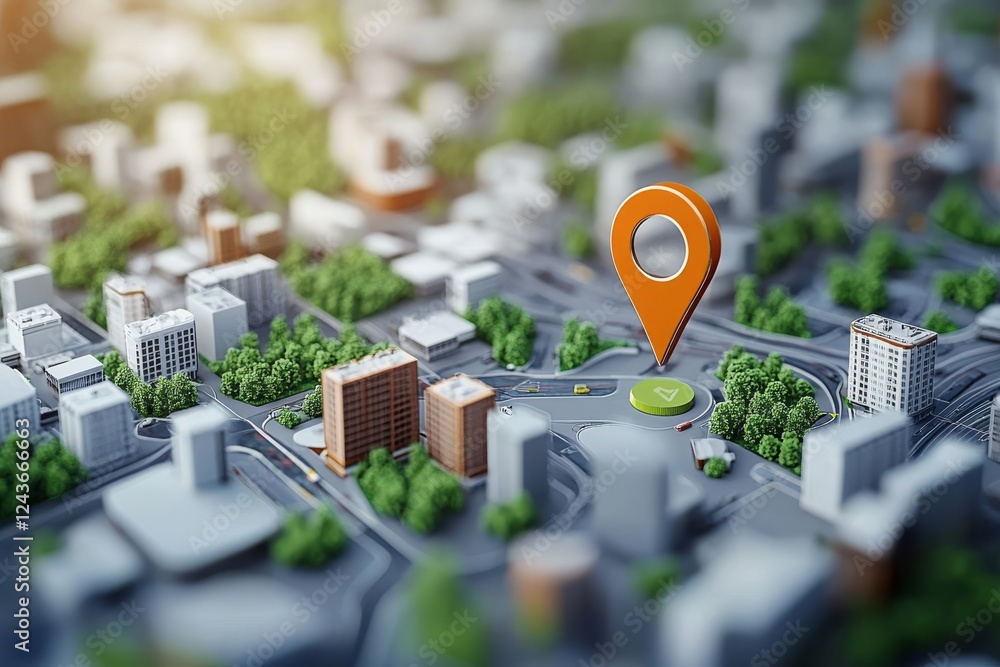 Poster this detailed 3d city map features an orange location pin highlighting a specific building, showcasi
