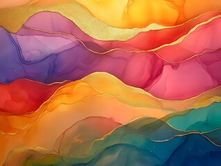 Abstract colorful fluid art with gold accents.
