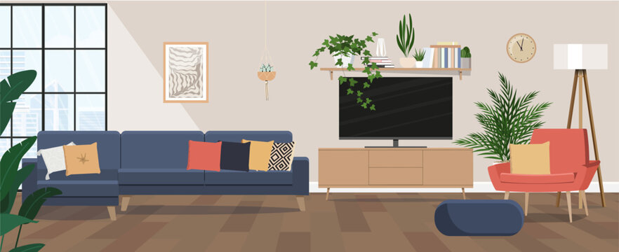 Living room interior. Vector flat cartoon illustration