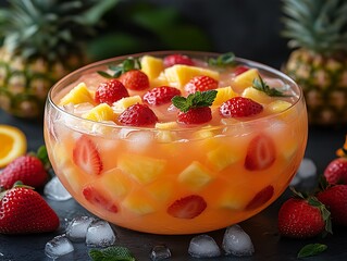 Refreshing strawberry pineapple punch in a glass bowl with ice.