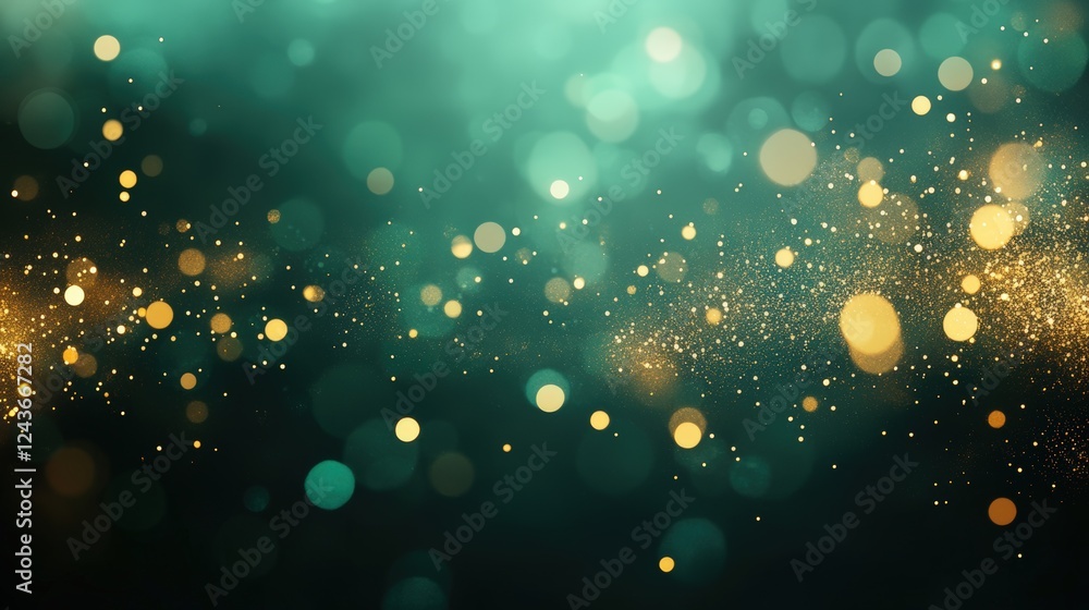 Poster enchanting abstract bokeh background with soft golden and teal light particles for creative design p