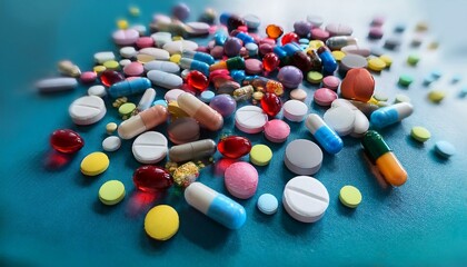 an array of multicolored pharmaceutical pills and capsules including opioids vitamins and a variety of medicines scattered across a surface representing healthcare and medication generative ai