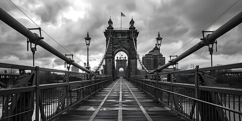 Black and white image of a bridge under a cloudy sky, featuring ornate arches and lampposts, leading to a cityscape in the background.


