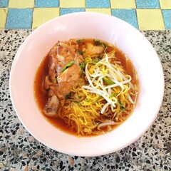 Delicious noodle dish featuring chicken, savory broth, and fresh herbs, perfect for a comforting meal.