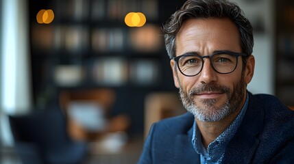 Obraz premium Confident Middle-Aged Man with Glasses Smiling at Camera in Cozy Modern Office Space with Warm Lighting and Bookshelf in Background
