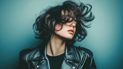 Fototapeta premium Bold Woman with Flowing Hair Against a Subtle Green Background