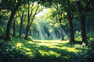 Naklejka premium Sunlit Forest Glade with Lush Greenery and Majestic Trees Creating a Serene and Tranquil Natural Landscape