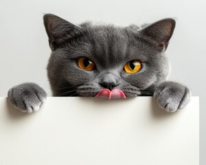 Playful Gray Cat with Orange Eyes Licking Its Lips While Peeking Over a Blank Signboard on a Soft Gray Background