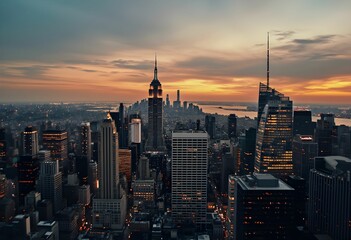 Obraz premium City Skyline at Dusk with Golden Sunset Glow