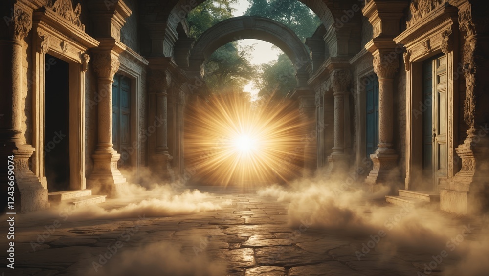 Poster mystical sunlight streams through ancient ruins creating an ethereal atmosphere in the forest