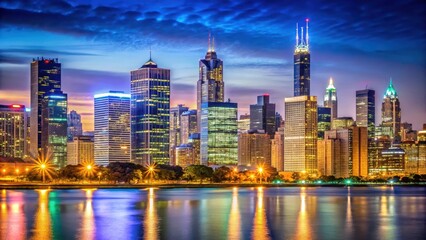 Obraz premium Chicago Downtown Skyline at Night with Towering Buildings and Bright Neon Lights Illuminating the Cityscape, metropolitan area, city life