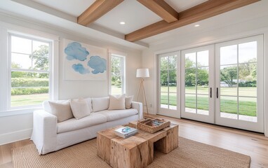 Fototapeta premium Bright and Airy Living Room with Cozy Sofa, Wooden Coffee Table, and Large Windows Overlooking Green Space