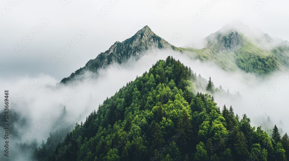Poster Swirling low clouds enveloping the slopes of a mountain range, richly adorned with green coniferous forests, create a moody and atmospheric scene that captivates the senses