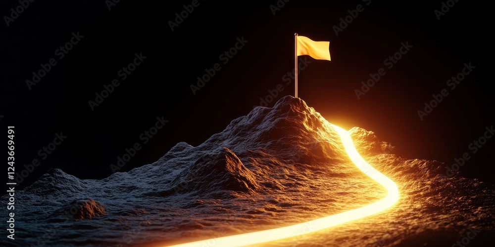 Poster illuminated mountain with a flag and glowing path in a dark setting.