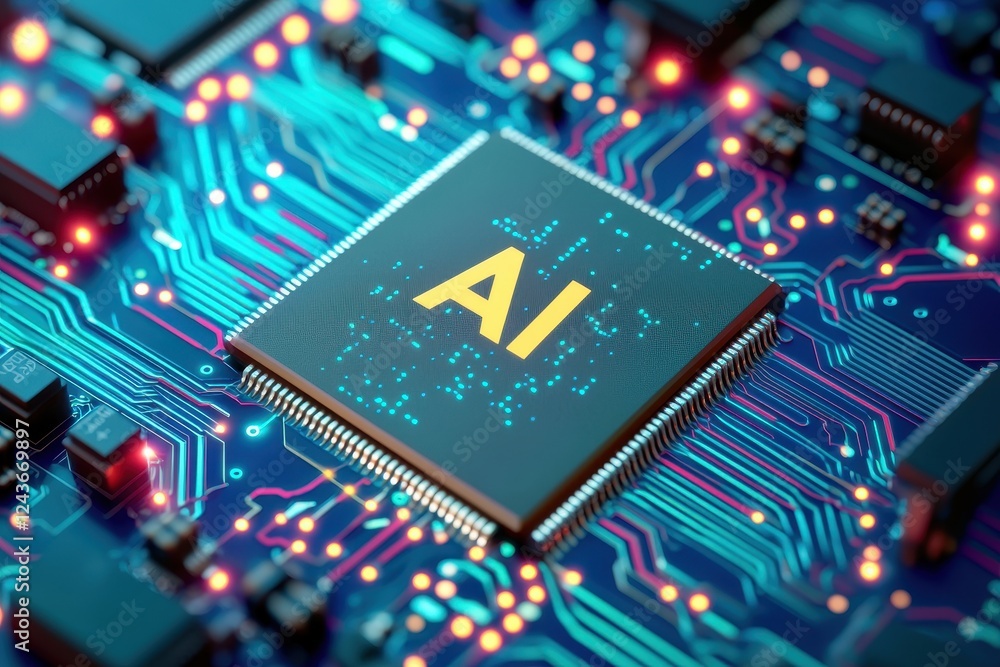 Poster microchip with ai text surrounded by vibrant circuit patterns and digital elements.