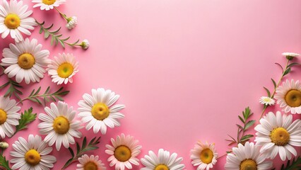 Obraz premium Pink Background with Delicate White and Peach Daisies Arranged in a Corner