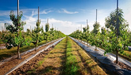 New orchard with cherry trees growing in rows
