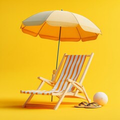 A striped beach chair with an umbrella, sandals, and a ball set against a bright yellow background. Perfect for vacation, summer, and travel-themed content.