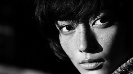 Black and White Portrait of a Young Woman with Expressive Eyes