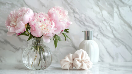 Obraz premium Pink peonies in a glass vase, next to a white dispenser and soft fabric scrunchies on a marble surface.